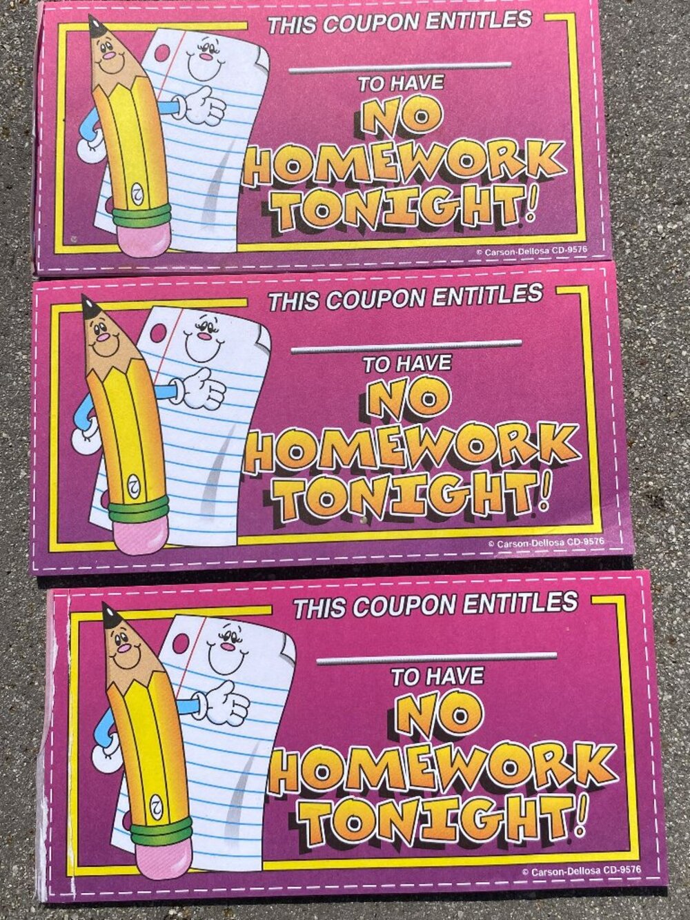 No Homework Tonight Coupons- for kids! Like New! Great condition- 3 pack